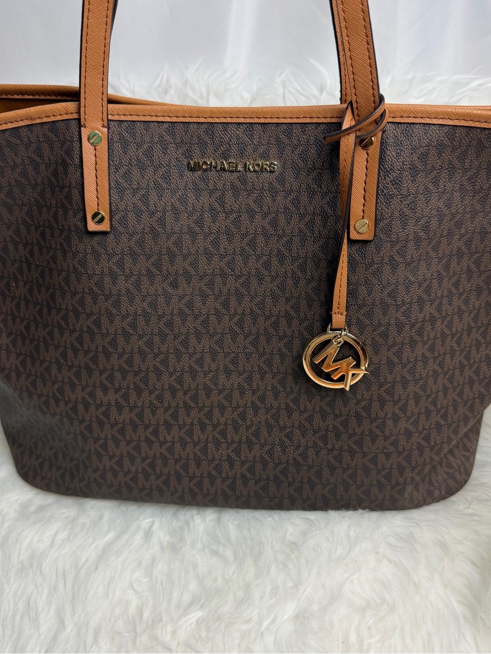 Michael Kors Brown Monogram Tote with Tan Trim and Gold Charm